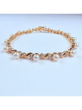 10K Solid Two Tone Gold Genuine Diamond & 4.5MM Pearl Vintage Tennis Bracelet